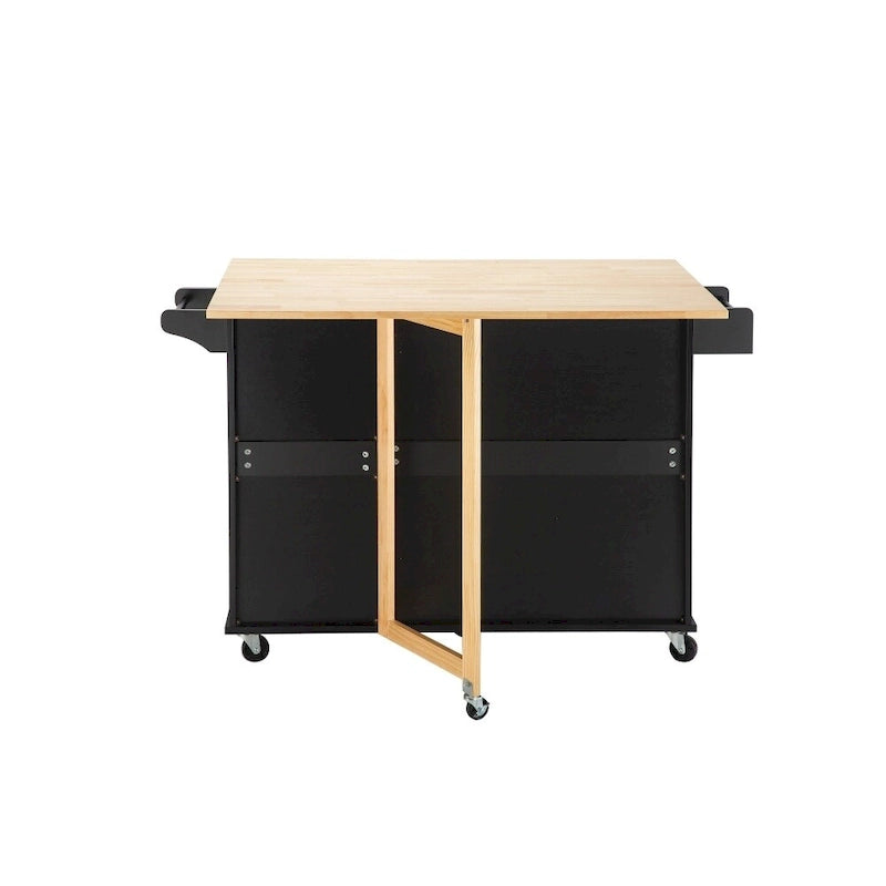 Rolling Kitchen Island Cart with Rubber Wood Top, 3 Drawers and Cabinet
