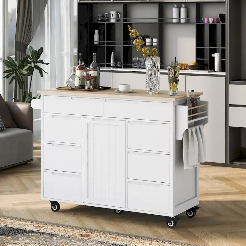 Rolling Kitchen Island Cart with 8 Drawers Rubber Wood Top White Blue Black
