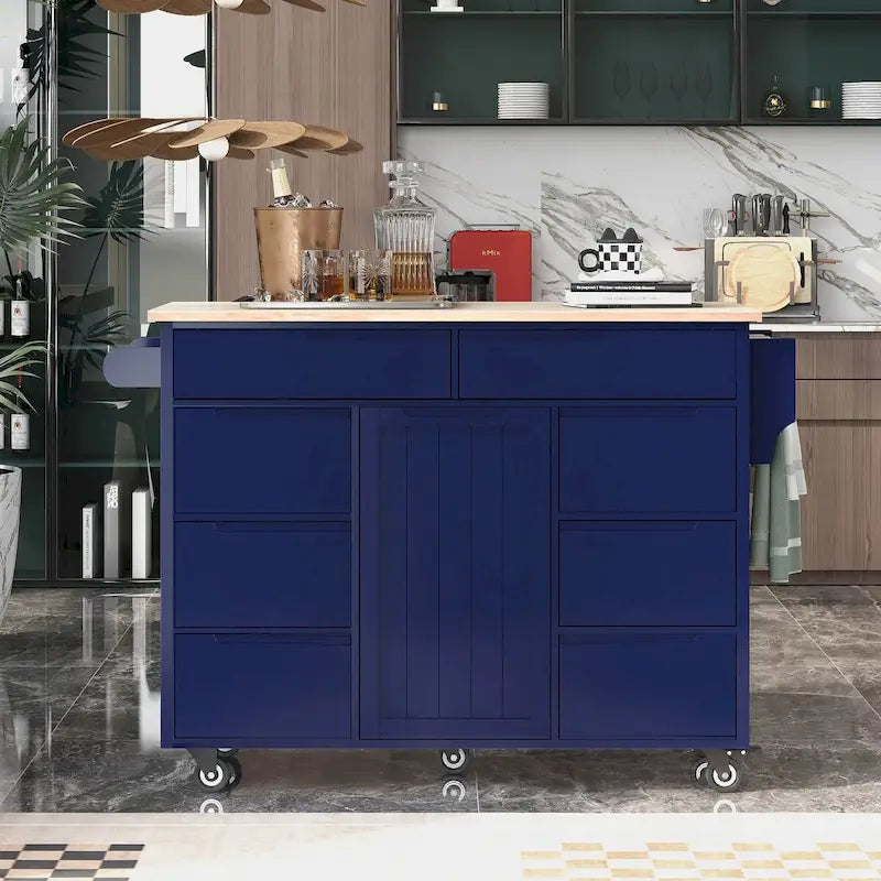 Rolling Kitchen Island Cart with 8 Drawers Rubber Wood Top White Blue Black