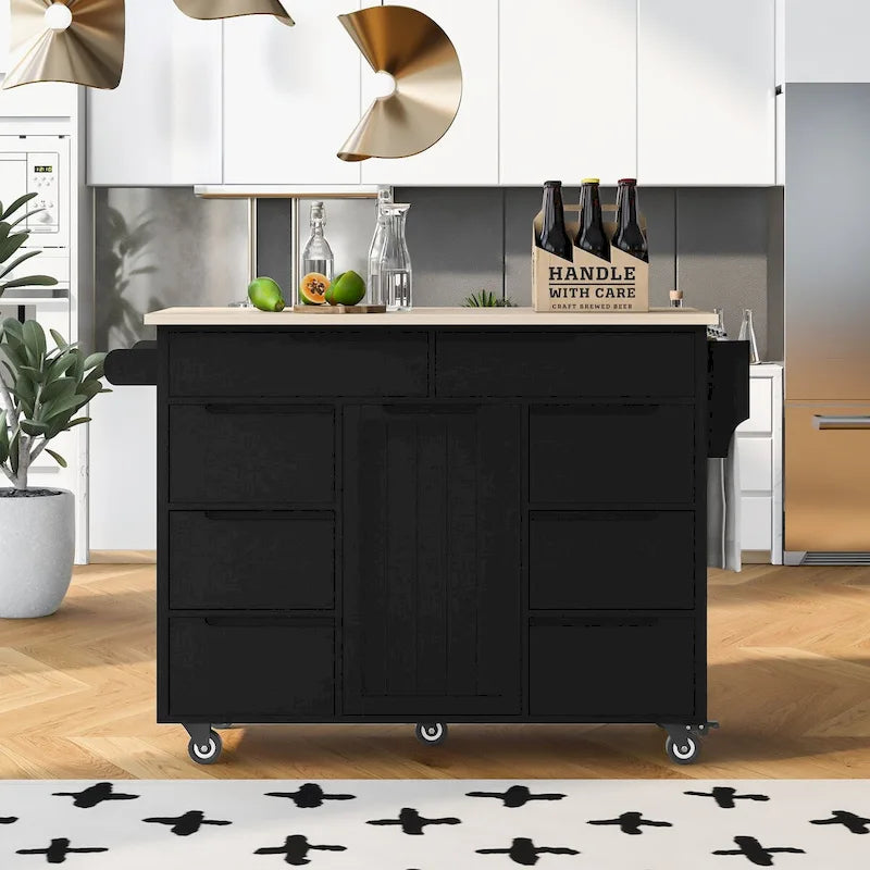 Rolling Kitchen Island Cart with 8 Drawers Rubber Wood Top White Blue Black