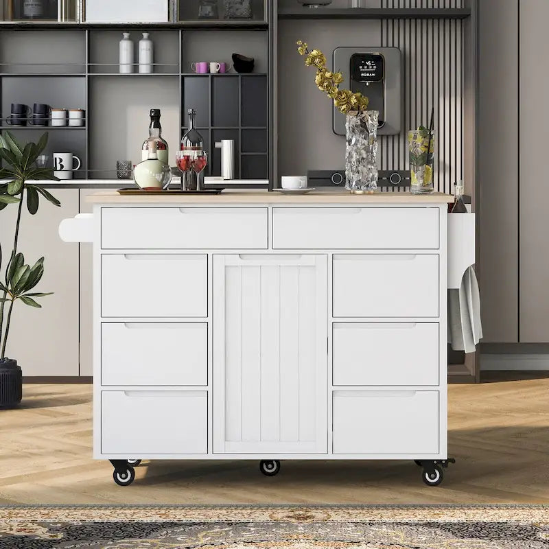 Rolling Kitchen Island Cart with 8 Drawers Rubber Wood Top White Blue Black