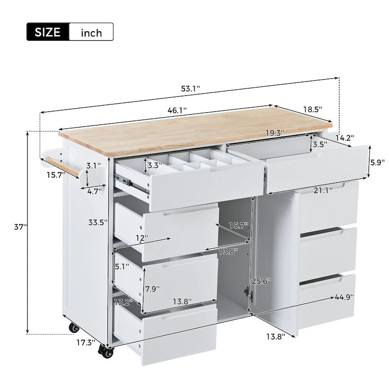 Rolling Kitchen Island Cart with 8 Drawers Rubber Wood Top White Blue Black