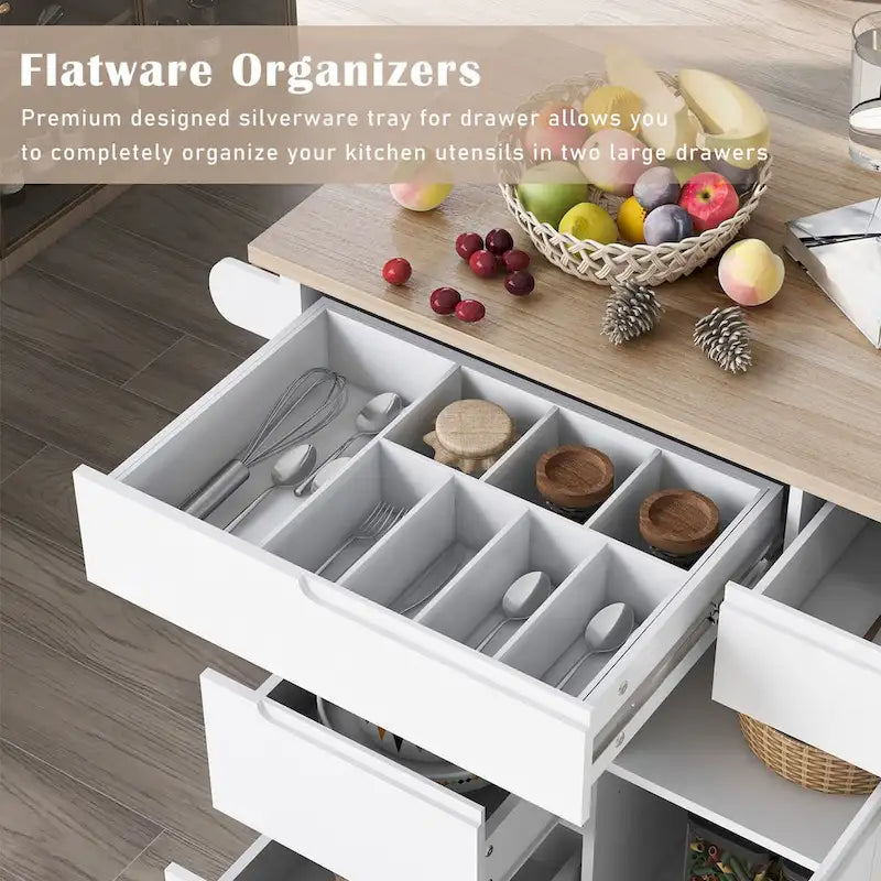 Rolling Kitchen Island Cart with 8 Drawers Rubber Wood Top White Blue Black