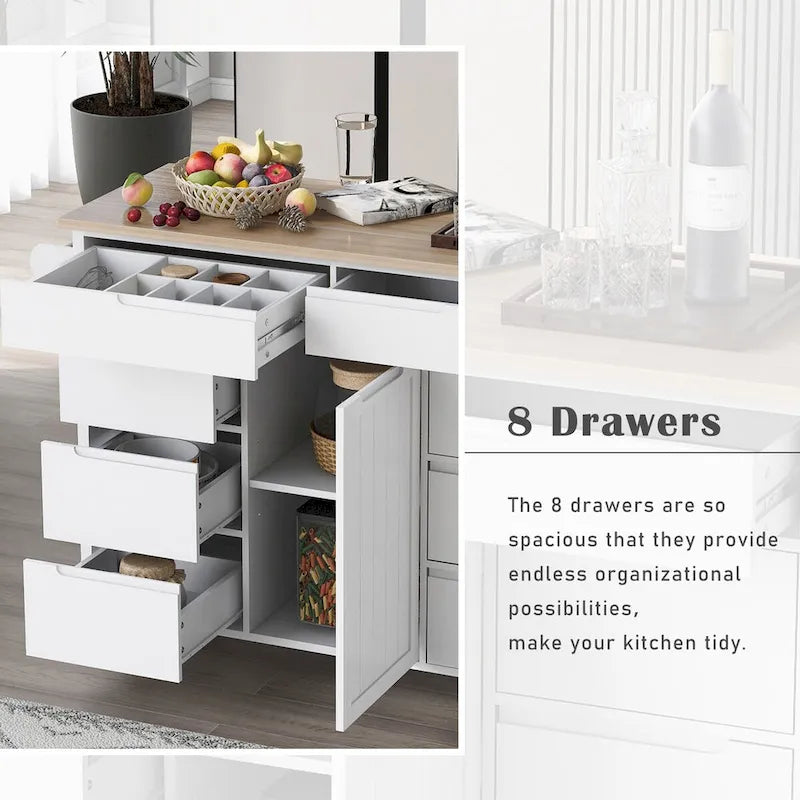 Rolling Kitchen Island Cart with 8 Drawers Rubber Wood Top White Blue Black