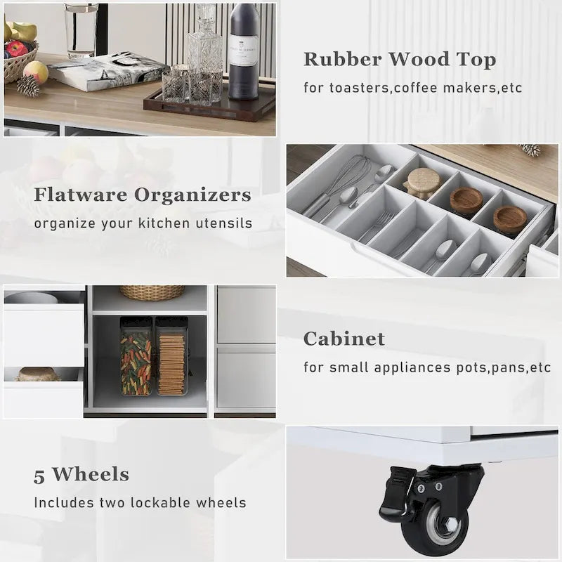 Rolling Kitchen Island Cart with 8 Drawers Rubber Wood Top White Blue Black