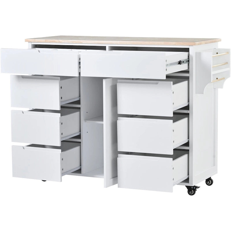 Rolling Kitchen Island Cart with 8 Drawers Rubber Wood Top White Blue Black