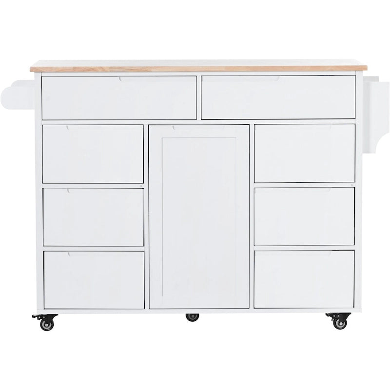 Rolling Kitchen Island Cart with 8 Drawers Rubber Wood Top White Blue Black