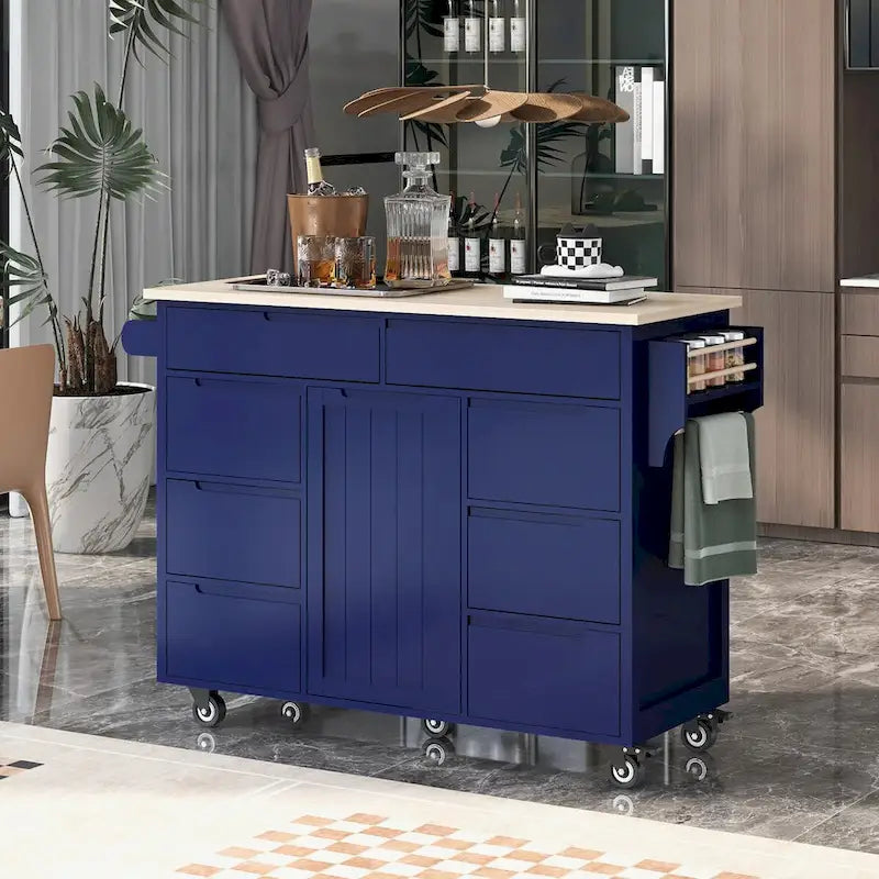 Rolling Kitchen Island Cart with 8 Drawers Rubber Wood Top White Blue Black