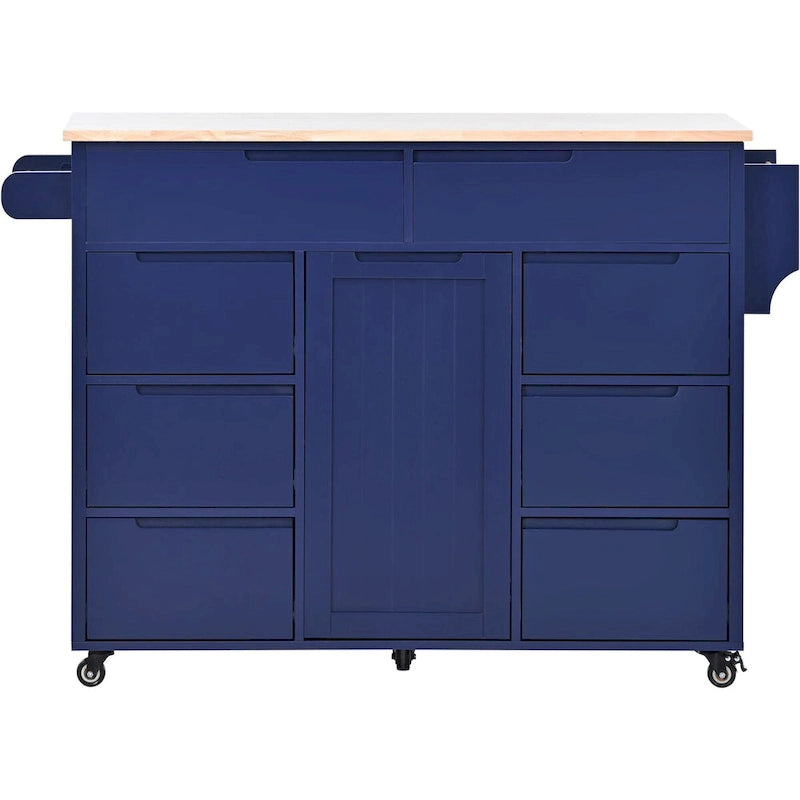 Rolling Kitchen Island Cart with 8 Drawers Rubber Wood Top White Blue Black