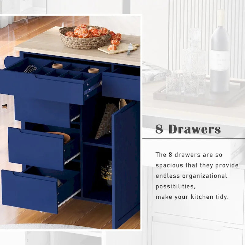 Rolling Kitchen Island Cart with 8 Drawers Rubber Wood Top White Blue Black