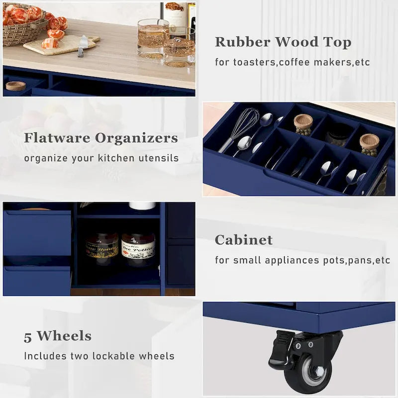 Rolling Kitchen Island Cart with 8 Drawers Rubber Wood Top White Blue Black