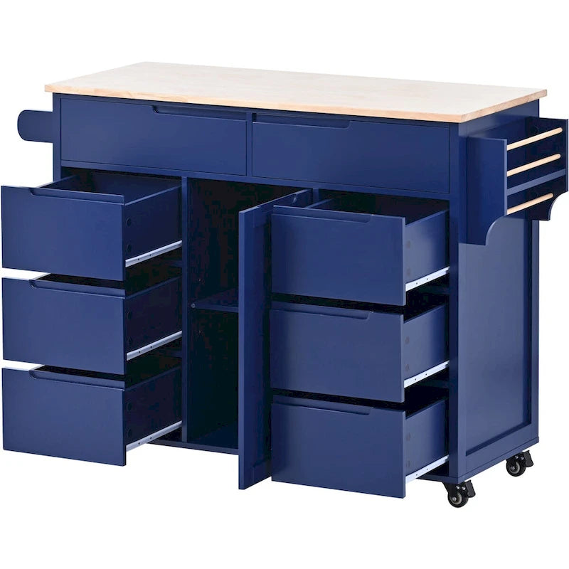 Rolling Kitchen Island Cart with 8 Drawers Rubber Wood Top White Blue Black