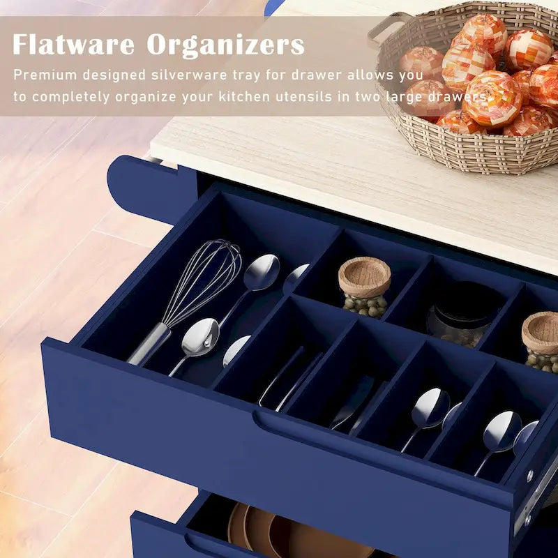 Rolling Kitchen Island Cart with 8 Drawers Rubber Wood Top White Blue Black