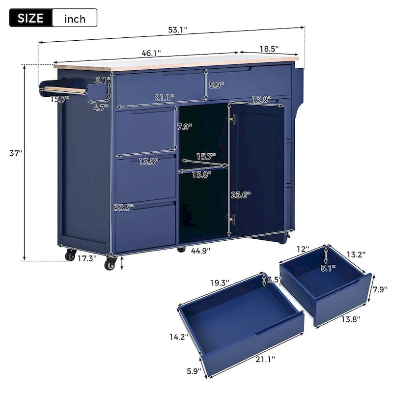 Rolling Kitchen Island Cart with 8 Drawers Rubber Wood Top White Blue Black