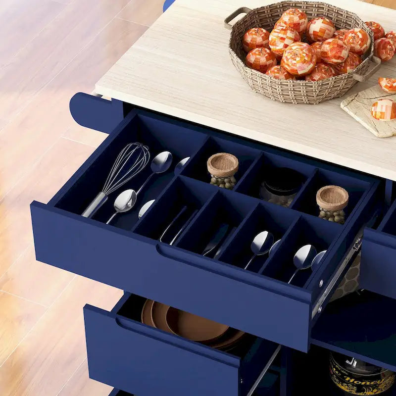 Rolling Kitchen Island Cart with 8 Drawers Rubber Wood Top White Blue Black