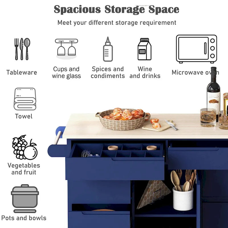 Rolling Kitchen Island Cart with 8 Drawers Rubber Wood Top White Blue Black