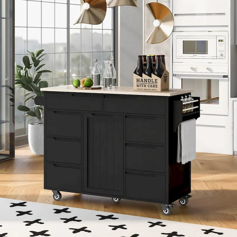 Rolling Kitchen Island Cart with 8 Drawers Rubber Wood Top White Blue Black