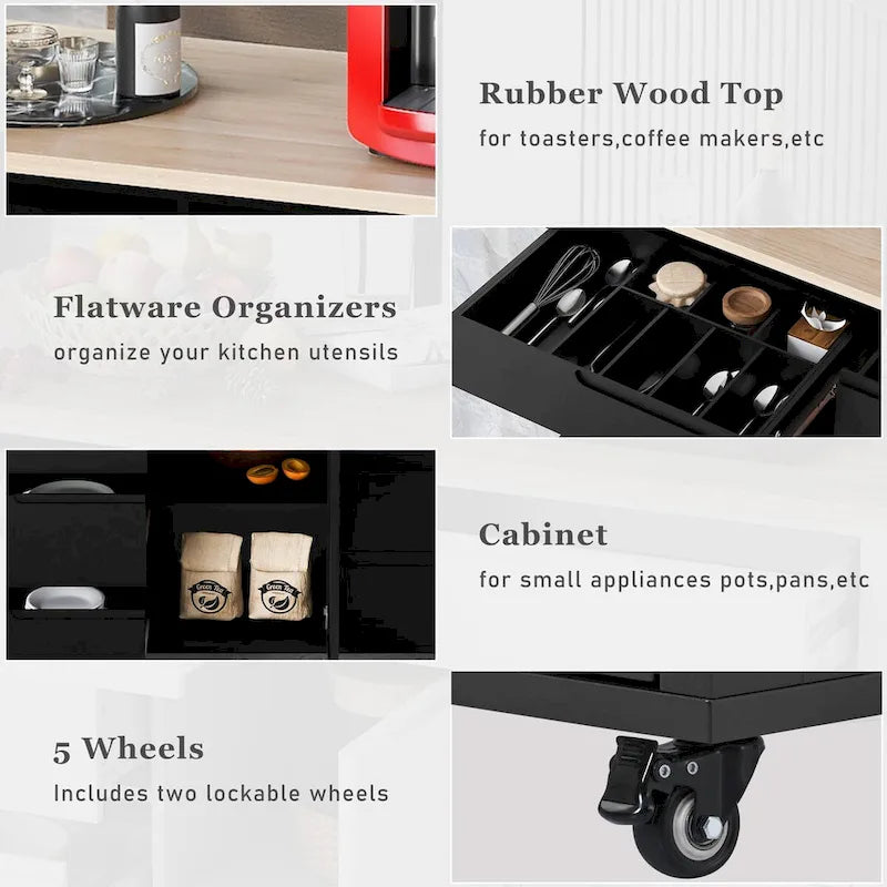 Rolling Kitchen Island Cart with 8 Drawers Rubber Wood Top White Blue Black