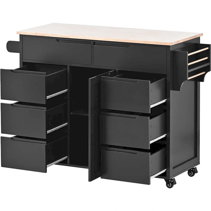 Rolling Kitchen Island Cart with 8 Drawers Rubber Wood Top White Blue Black