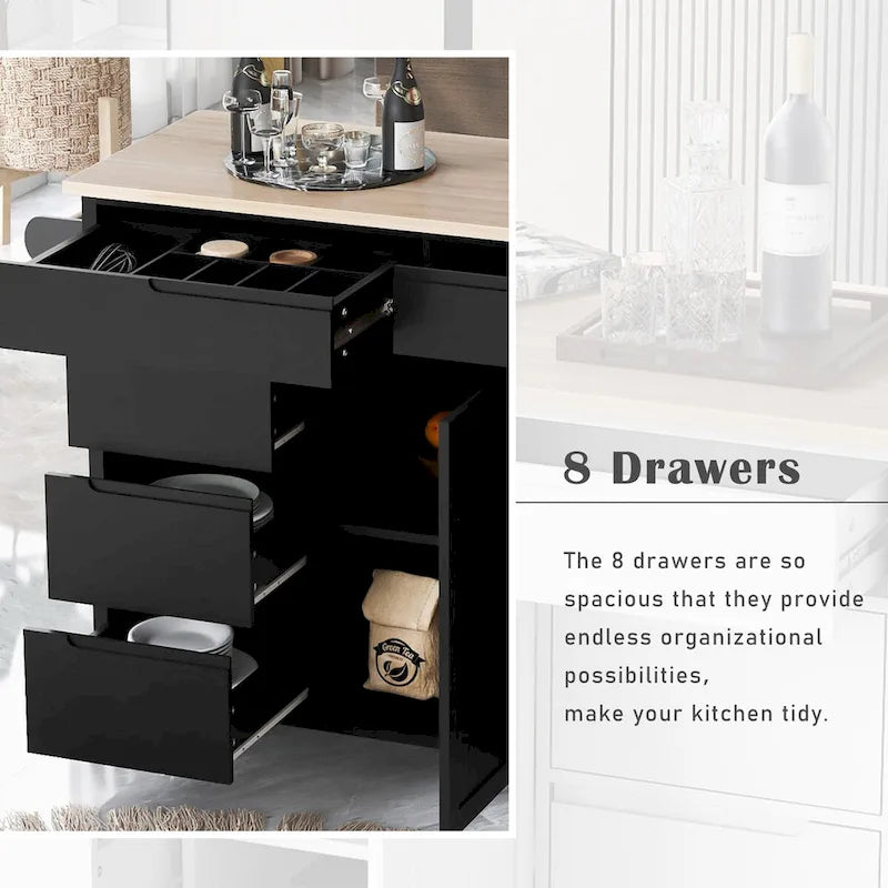 Rolling Kitchen Island Cart with 8 Drawers Rubber Wood Top White Blue Black