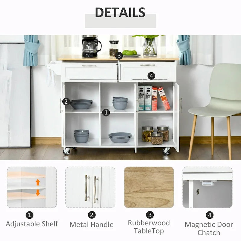 Rolling Kitchen Island Cart with Wood Top, Drawers and Storage Cabinets