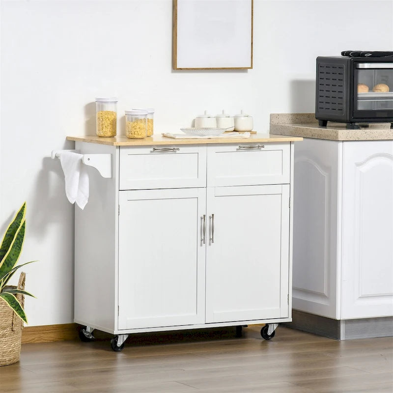 Rolling Kitchen Island Cart White Rubberwood Top Drawers Cabinet Wheels