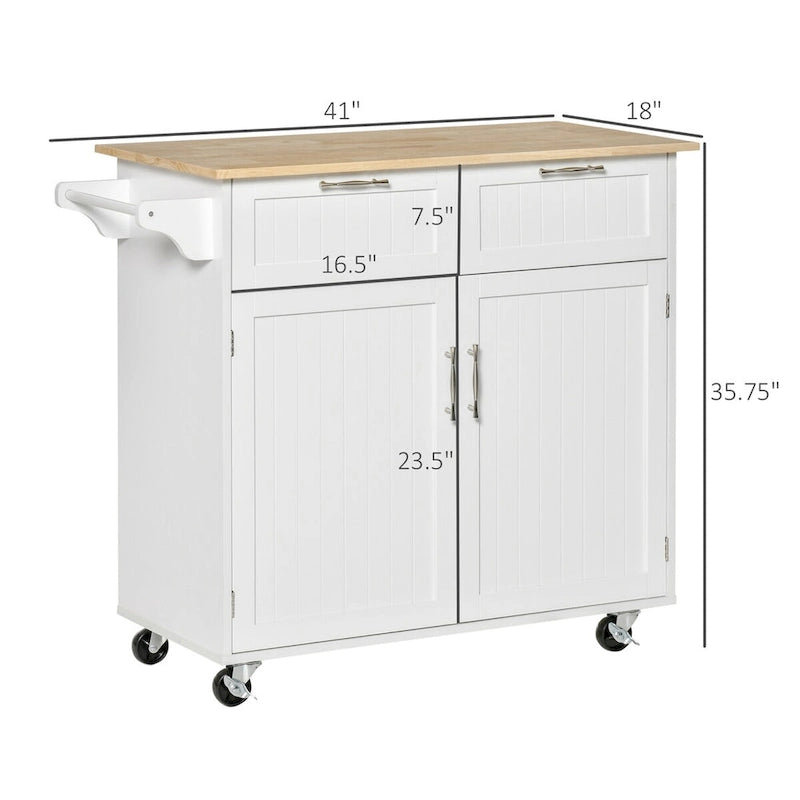 Rolling Kitchen Island Cart White Rubberwood Top Drawers Cabinet Wheels