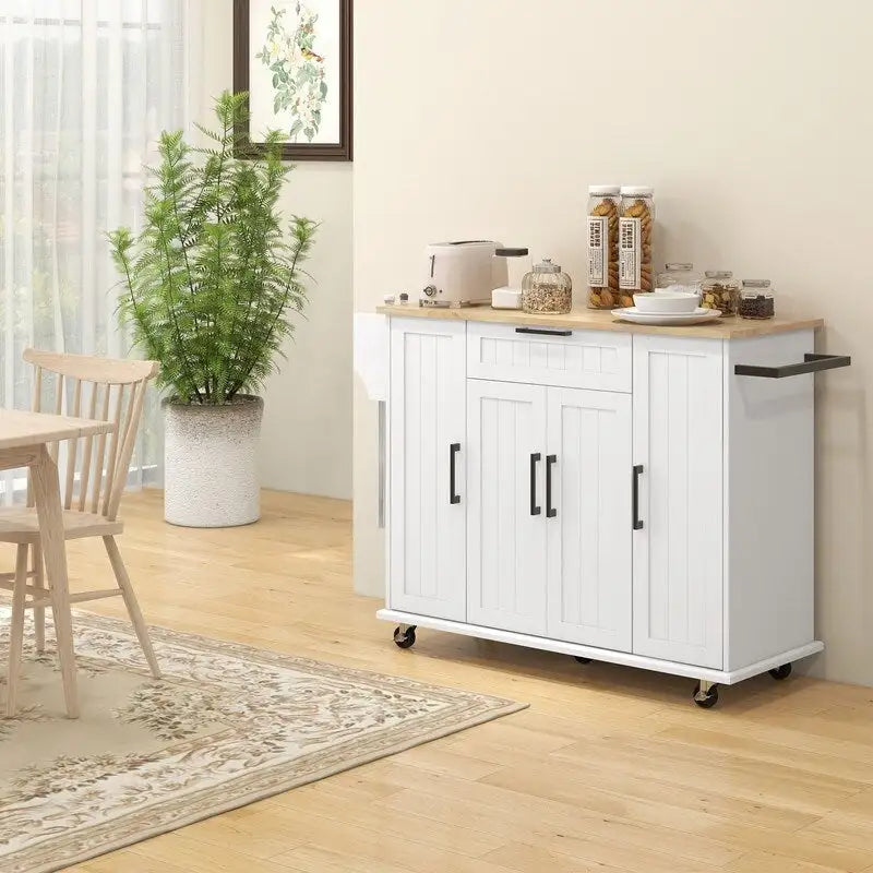 White Rolling Kitchen Island Cart Rubberwood Top Three-Door Drawer Storage with Wheels