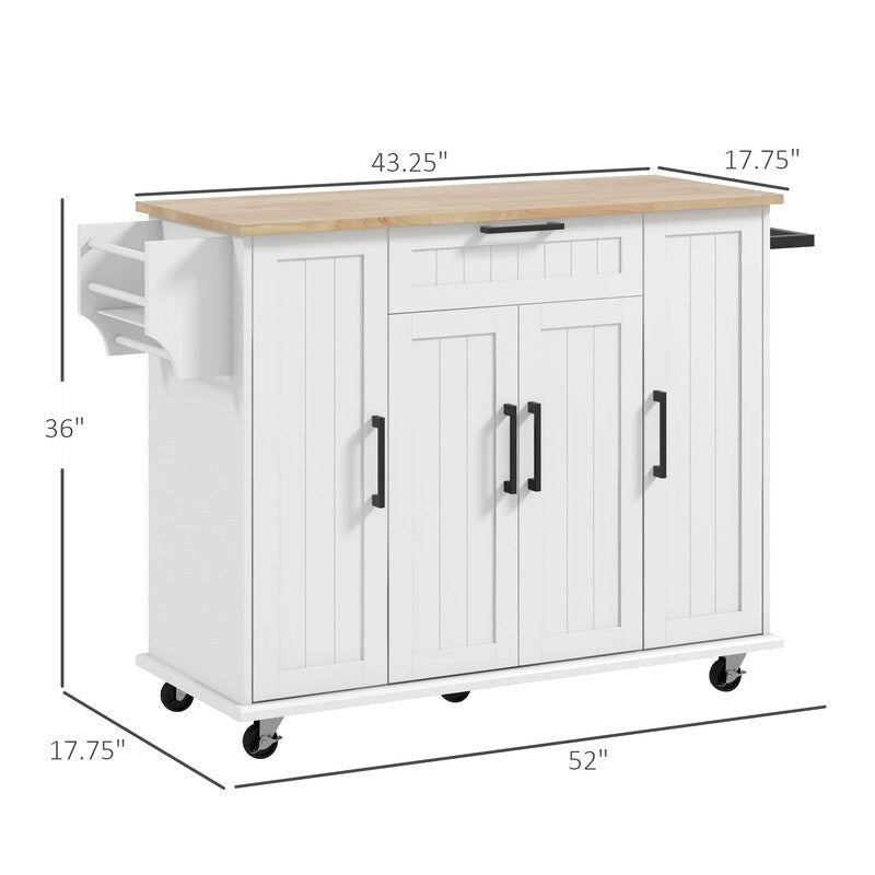 White Rolling Kitchen Island Cart Rubberwood Top Three-Door Drawer Storage with Wheels