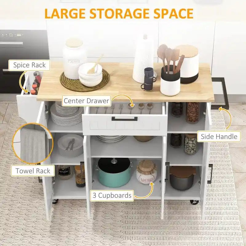 White Rolling Kitchen Island Cart Rubberwood Top Three-Door Drawer Storage with Wheels