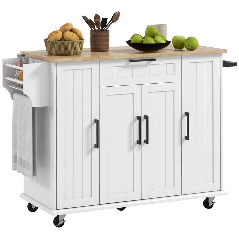 White Rolling Kitchen Island Cart Rubberwood Top Three-Door Drawer Storage with Wheels