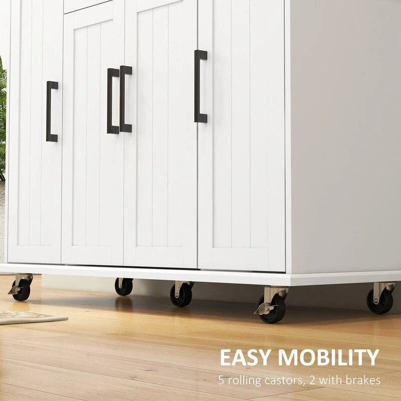 White Rolling Kitchen Island Cart Rubberwood Top Three-Door Drawer Storage with Wheels