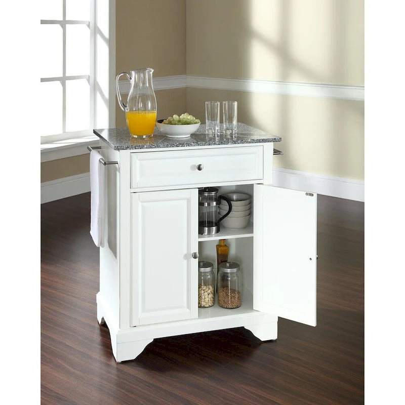 Portable Kitchen Island Solid Granite Top White Finish Cabinet Storage
