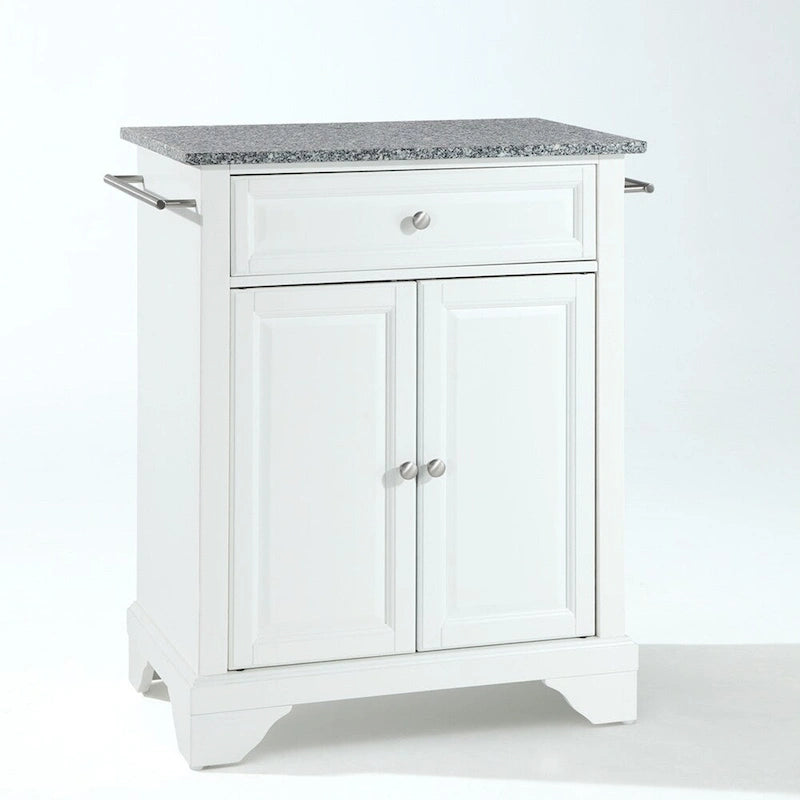 Portable Kitchen Island Solid Granite Top White Finish Cabinet Storage