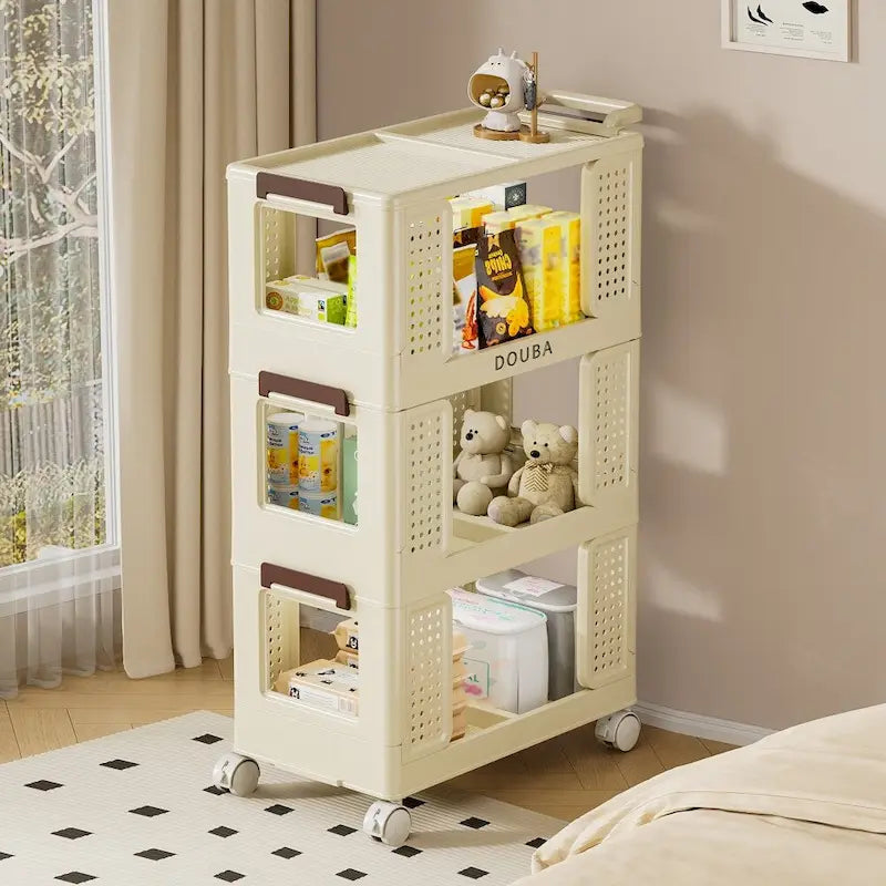 3-Tier Rolling Storage Cart with Lockable Wheels, Cream Color