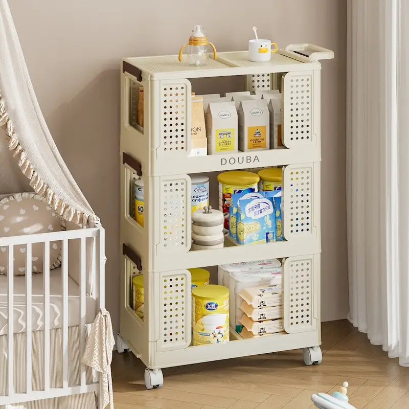 3-Tier Rolling Storage Cart with Lockable Wheels, Cream Color