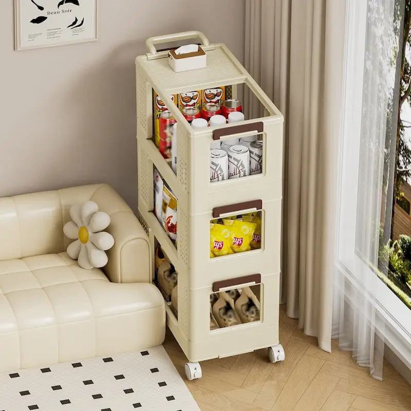 3-Tier Rolling Storage Cart with Lockable Wheels, Cream Color