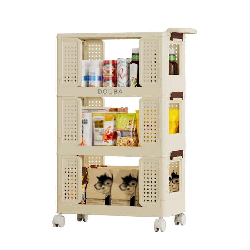 3-Tier Rolling Storage Cart with Lockable Wheels, Cream Color