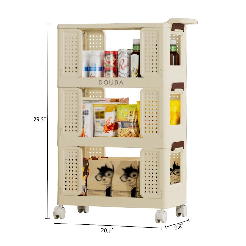 3-Tier Rolling Storage Cart with Lockable Wheels, Cream Color