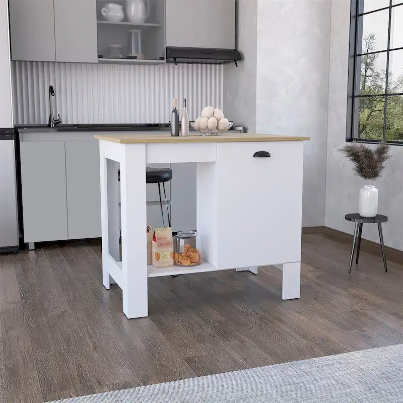 White Wood Top Kitchen Island with Cabinet and Open Shelf