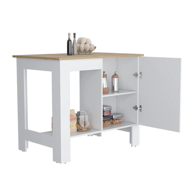 White Wood Top Kitchen Island with Cabinet and Open Shelf