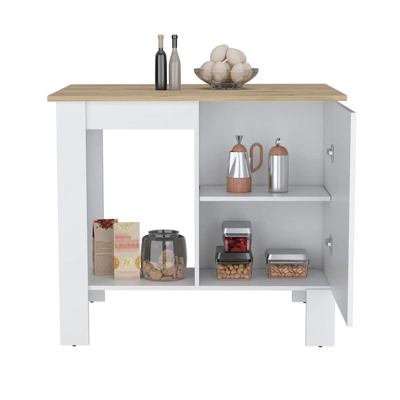 White Wood Top Kitchen Island with Cabinet and Open Shelf