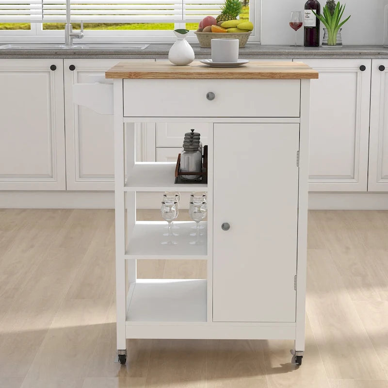 White Rolling Kitchen Island Cart with Drawer, Cabinet and Towel Rack