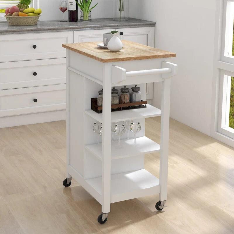 White Rolling Kitchen Island Cart with Drawer, Cabinet and Towel Rack