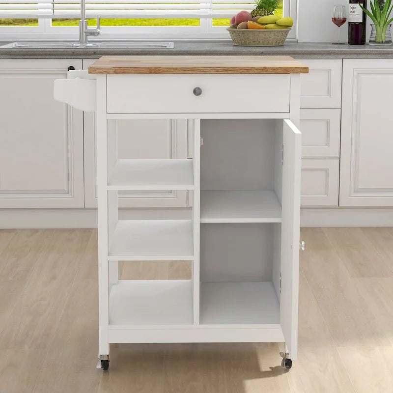 White Rolling Kitchen Island Cart with Drawer, Cabinet and Towel Rack