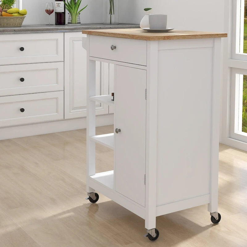 White Rolling Kitchen Island Cart with Drawer, Cabinet and Towel Rack