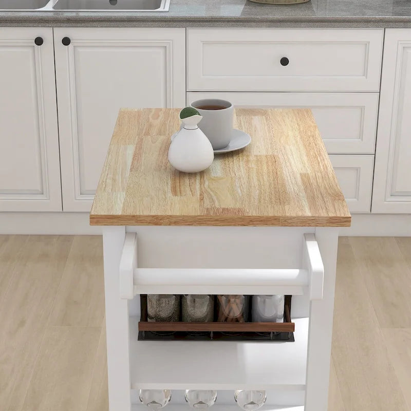 White Rolling Kitchen Island Cart with Drawer, Cabinet and Towel Rack