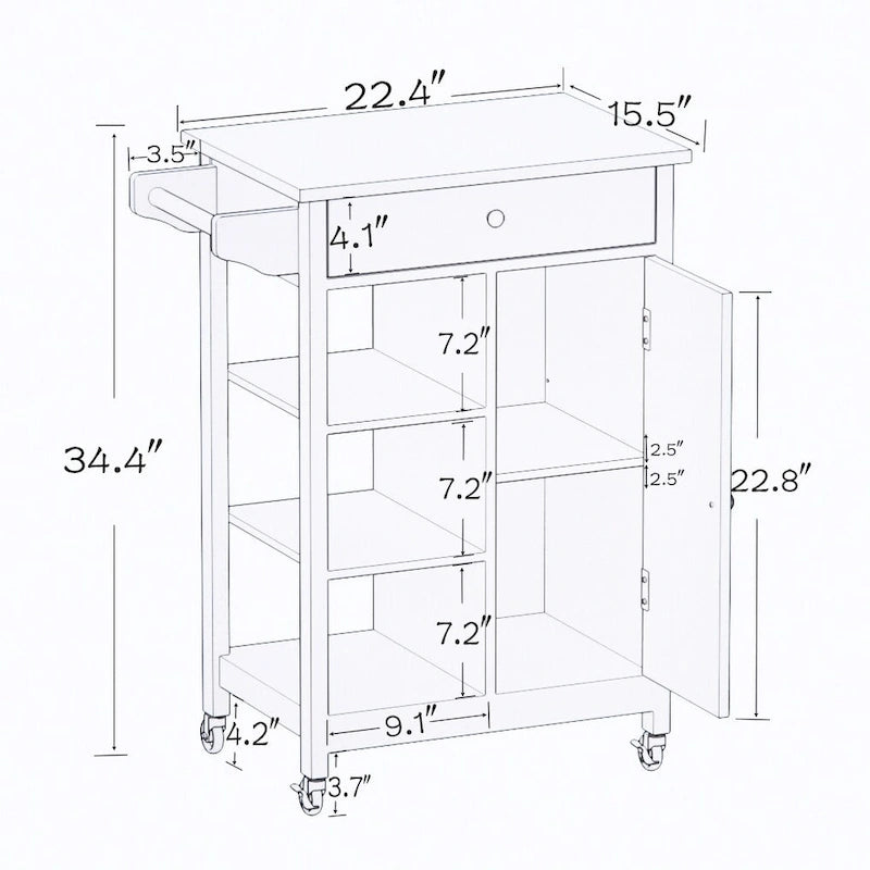 White Rolling Kitchen Island Cart with Drawer, Cabinet and Towel Rack