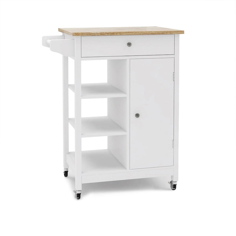 White Rolling Kitchen Island Cart with Drawer, Cabinet and Towel Rack