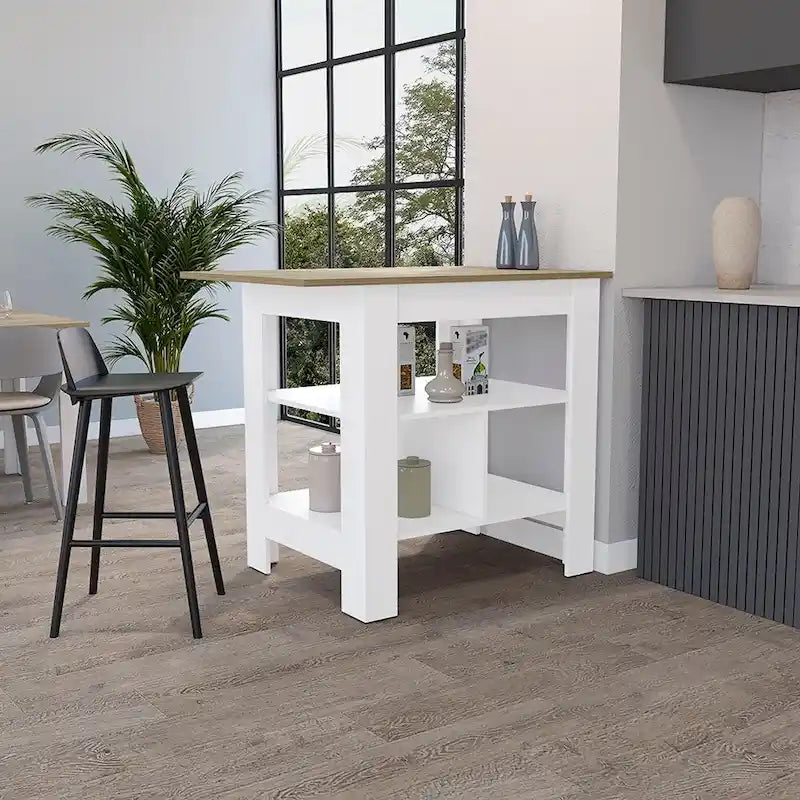 White Finish Kitchen Island with Single Drawer and Open Bottom Shelf